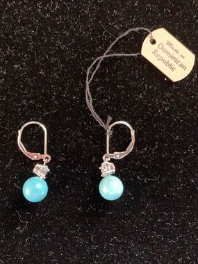 Epiphany Platinum Clad Sterling Diamonique & Turquoise Bead Lever Back Earrings